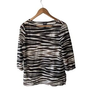 Chico's Travelers Size S Brown and White Sheer Striped 3/4 Sleeve Blouse